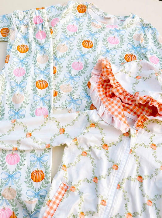 RTS NO MOQ Sibling milk silk Baby Girls Flowers Pumpkins Checked Top Flare Pants Fall Scallop Sets Zip Pockets Hoodies Top