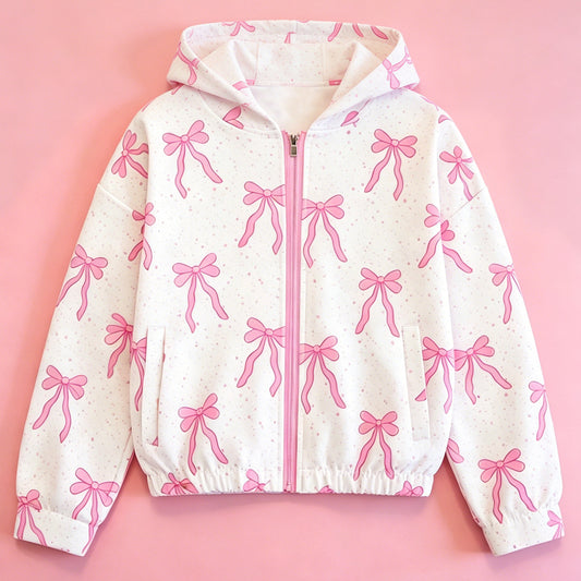 (Pre Order) No moq GT1671 Yoga Baby Girl White Long Sleeved Hooded Zipper Yoga Jacket with Bow Print
