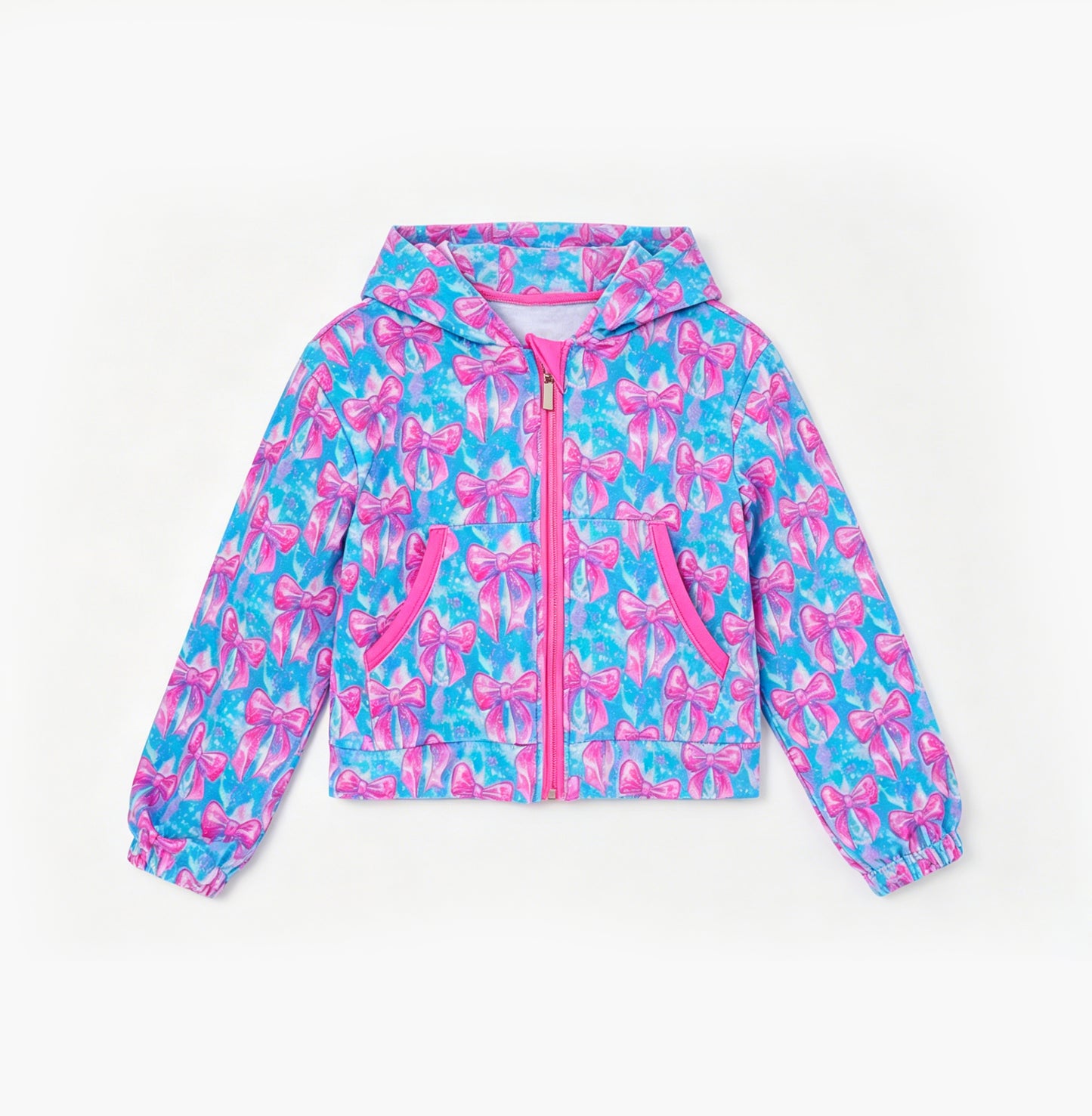 (Pre Order) No moq GT1674 Yoga Little Girls Fashion Tie dye Print Bows Zip Pocket Athletic Hooded Top