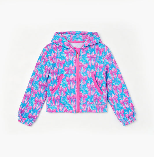 (Pre Order) No moq GT1674 Yoga Little Girls Fashion Tie dye Print Bows Zip Pocket Athletic Hooded Top