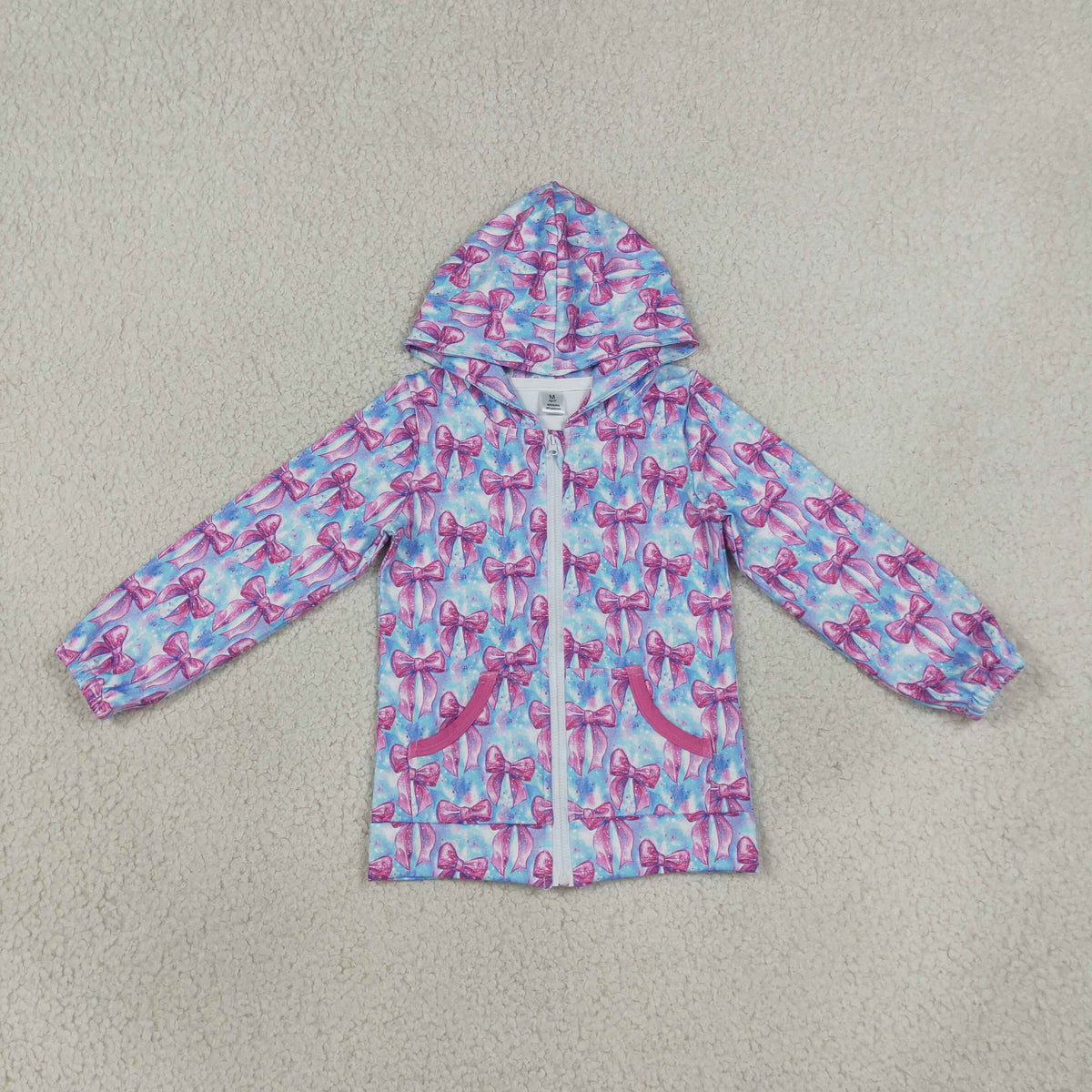 NEW RTS NO MOQ yoga fabric GT1674 Yoga Girls Print Bows Zip Pocket Athletic Hooded Top