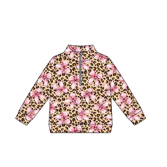(Pre Order) No moq GT1675 Baby Girls Stylish Leopard Pink Bow Long Sleeve Zipper Top
