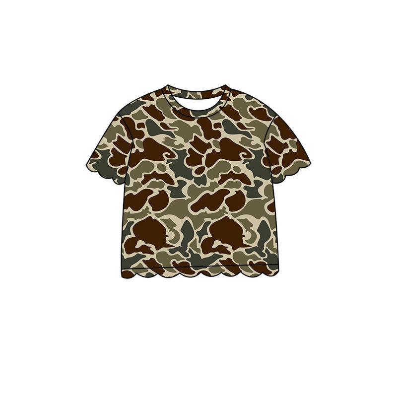 (Pre Order) No moq Baby Girls Casual Camo Short Sleeve Top Scallop Pockets Skirt Shorts Bottom Sets