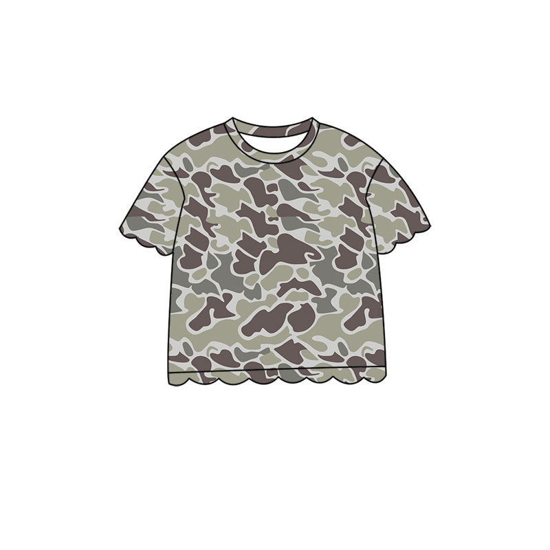 (Pre Order) No moq Baby Girls Casual Camo Short Sleeve Top Scallop Pockets Skirt Shorts Bottom Sets