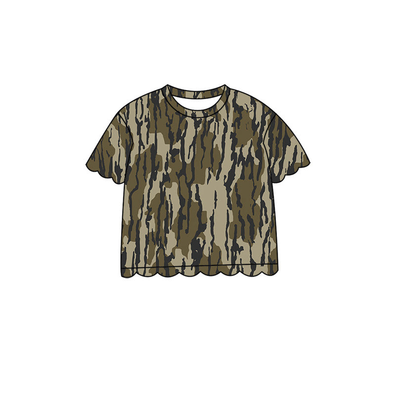 (Pre Order) No moq Baby Girls Casual Camo Short Sleeve Top Scallop Pockets Skirt Shorts Bottom Sets