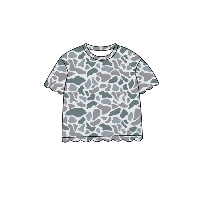 (Pre Order) No moq Baby Girls Casual Camo Short Sleeve Top Scallop Pockets Skirt Shorts Bottom Sets