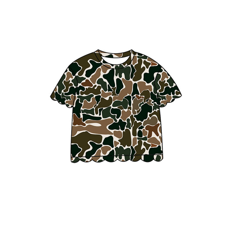 (Pre Order) No moq Baby Girls Casual Camo Short Sleeve Top Scallop Pockets Skirt Shorts Bottom Sets