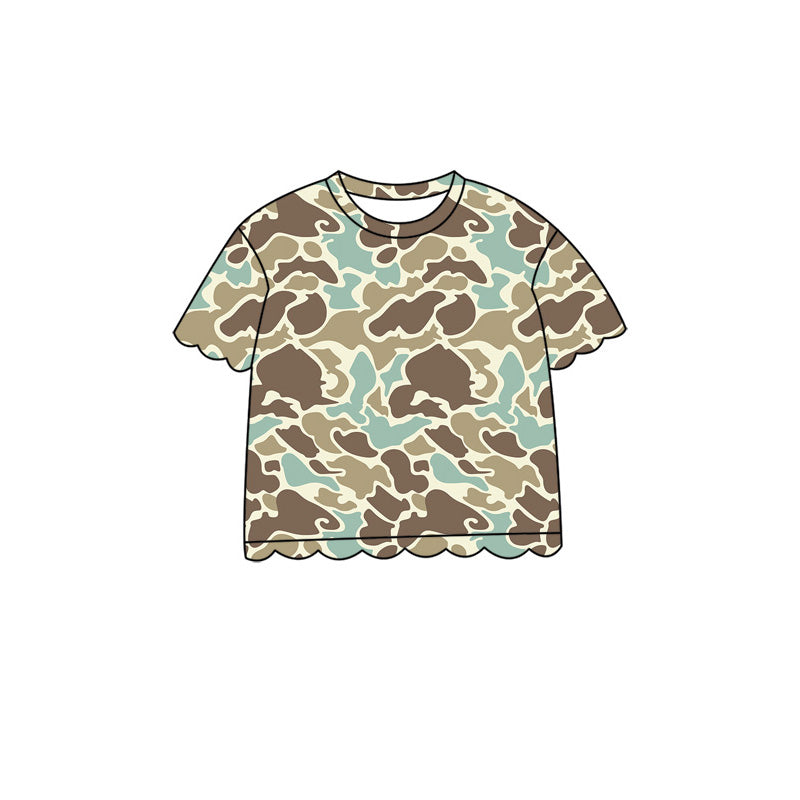 (Pre Order) No moq Baby Girls Casual Camo Short Sleeve Top Scallop Pockets Skirt Shorts Bottom Sets