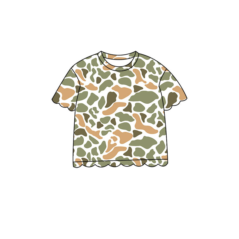 (Pre Order) No moq Baby Girls Casual Camo Short Sleeve Top Scallop Pockets Skirt Shorts Bottom Sets