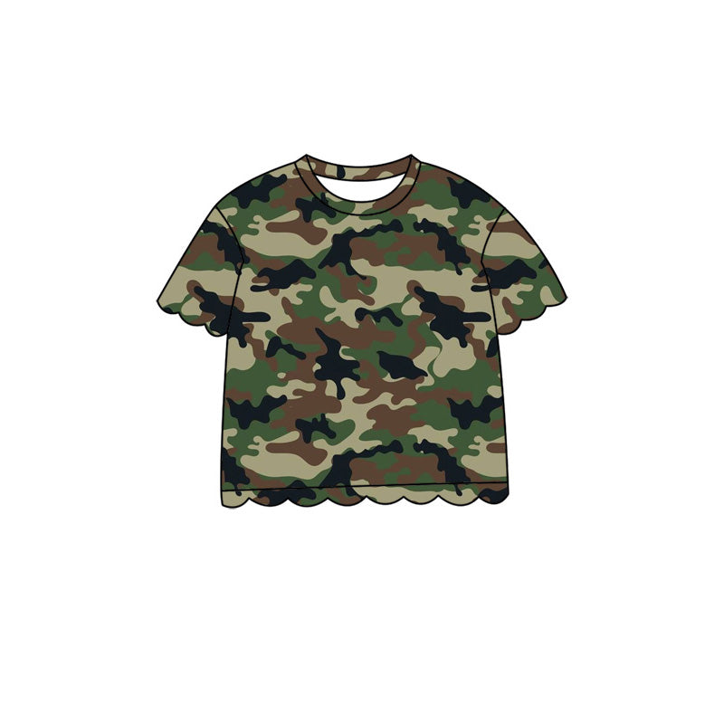 (Pre Order) No moq Baby Girls Casual Camo Short Sleeve Top Scallop Pockets Skirt Shorts Bottom Sets