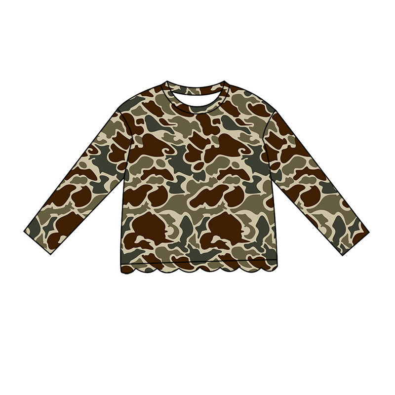 (Pre Order) No moq Baby Girls Casual Camo Long Sleeve Top Scallop Pockets Skirt Shorts Bottom Sets