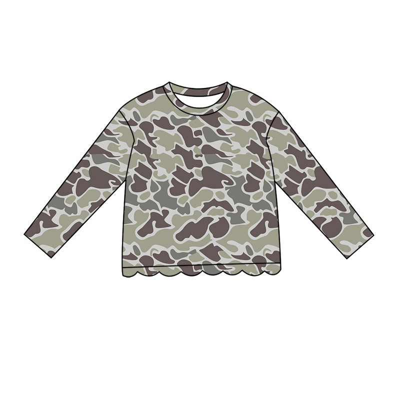 (Pre Order) No moq Baby Girls Casual Camo Long Sleeve Top Scallop Pockets Skirt Shorts Bottom Sets