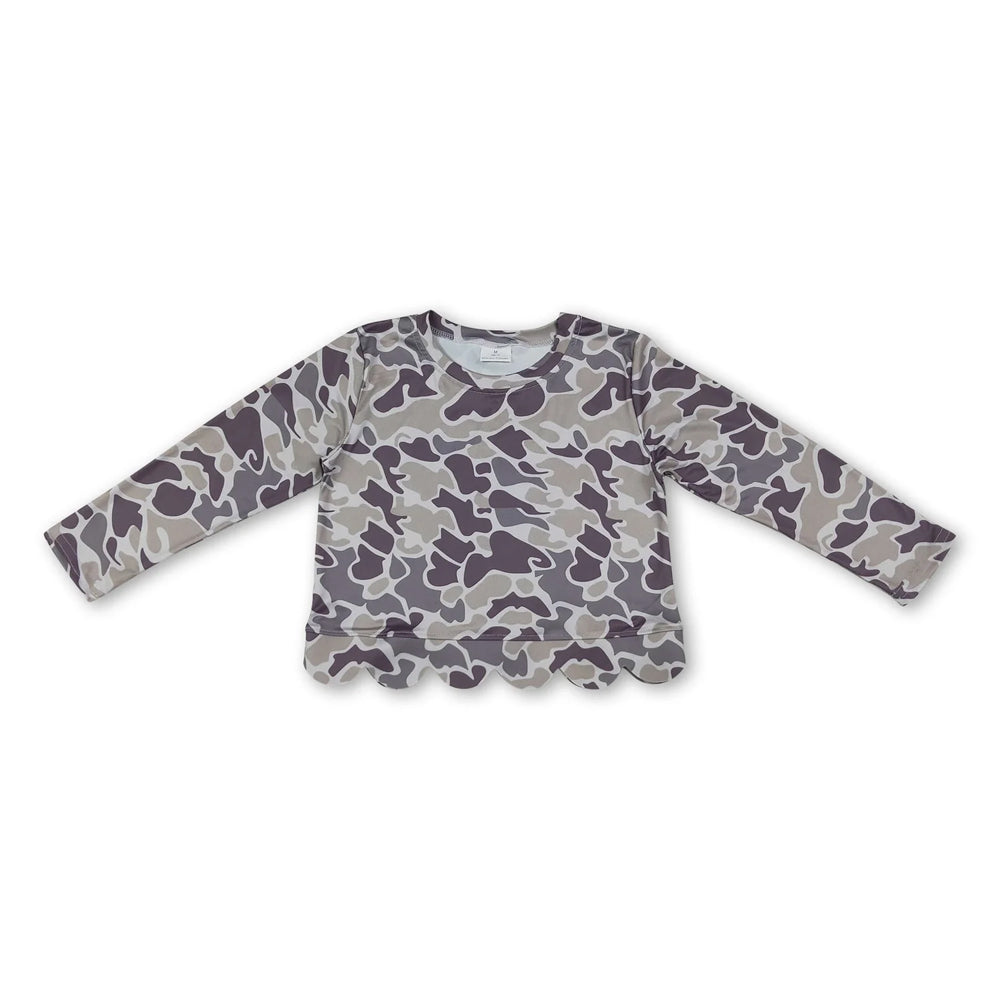 RTS NO MOQ Sibling milk silk Baby Girls Camo Print Scalloped Hem Long Sleeve Top