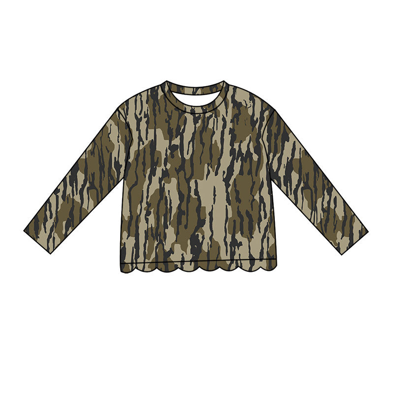 (Pre Order) No moq Baby Girls Casual Camo Long Sleeve Top Scallop Pockets Skirt Shorts Bottom Sets