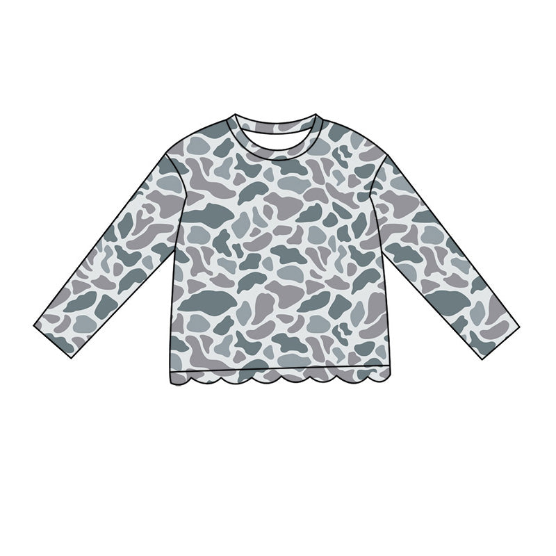(Pre Order) No moq Baby Girls Casual Camo Long Sleeve Top Scallop Pockets Skirt Shorts Bottom Sets