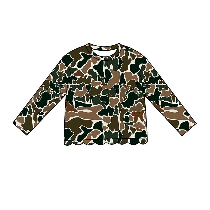 (Pre Order) No moq Baby Girls Casual Camo Long Sleeve Top Scallop Pockets Skirt Shorts Bottom Sets