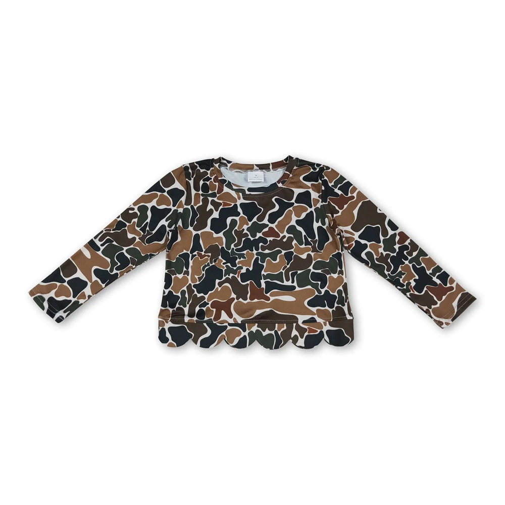 RTS NO MOQ Sibling milk silk Baby Girls Camo Print Scalloped Hem Long Sleeve Top