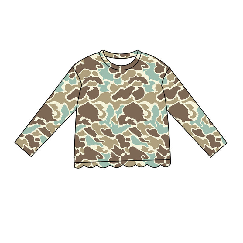 (Pre Order) No moq Baby Girls Casual Camo Long Sleeve Top Scallop Pockets Skirt Shorts Bottom Sets