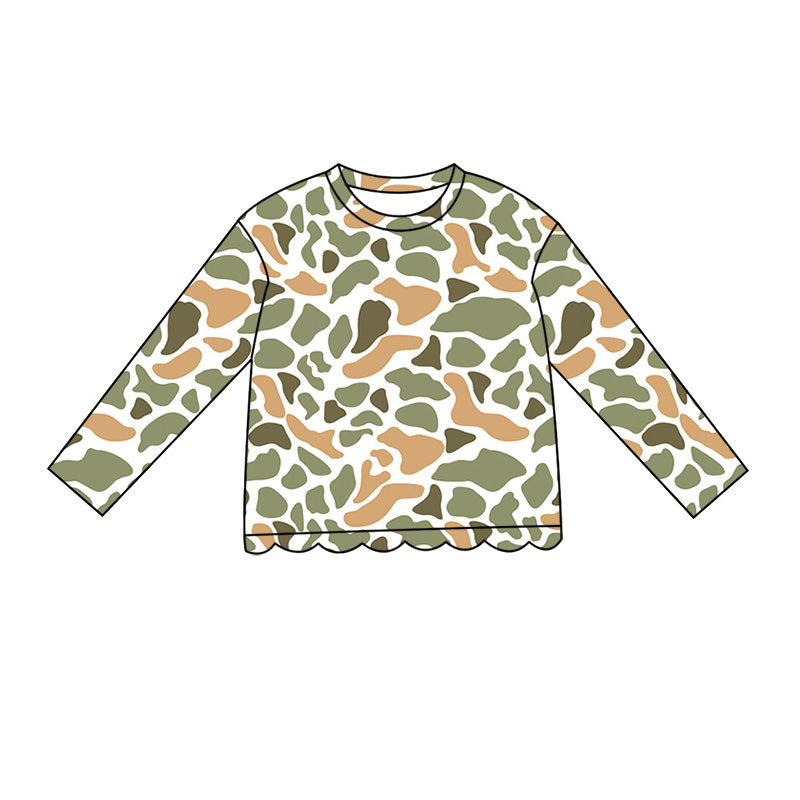 (Pre Order) No moq Baby Girls Casual Camo Long Sleeve Top Scallop Pockets Skirt Shorts Bottom Sets