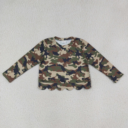 NEW RTS NO MOQ milk silk GT1691 Baby Girls Long Sleeve Southern Green Camo Scallop T-shirts Top
