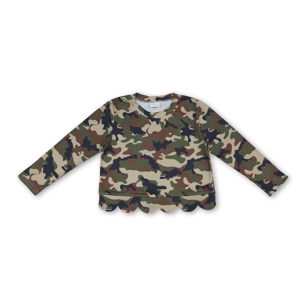 RTS NO MOQ Sibling milk silk Baby Girls Camo Print Scalloped Hem Long Sleeve Top