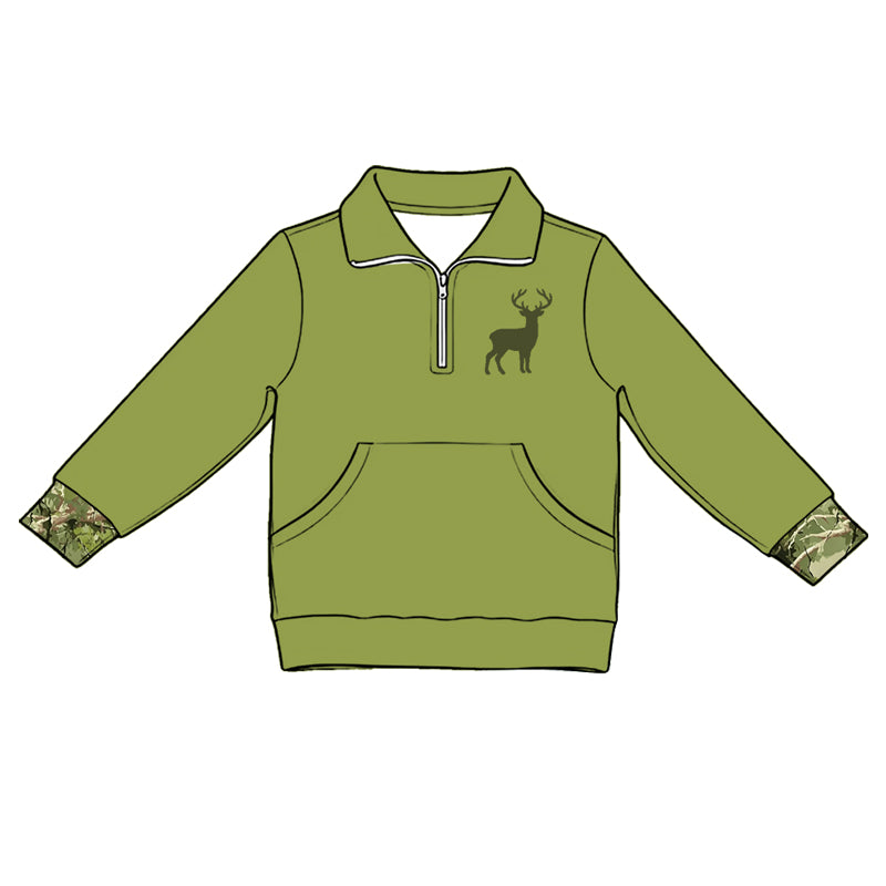 (Pre Order) No moq Baby Girls Green Deer Pocket Pullover Scallop Hem Flare Pants Set
