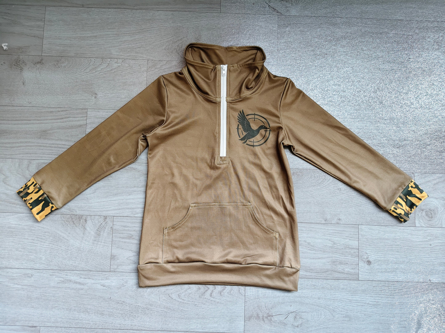 (Sample) No moq milk silk GT1698 Baby Girls Hunting Olive Green Duck Print Long Sleeve Zip Pocket Pullover