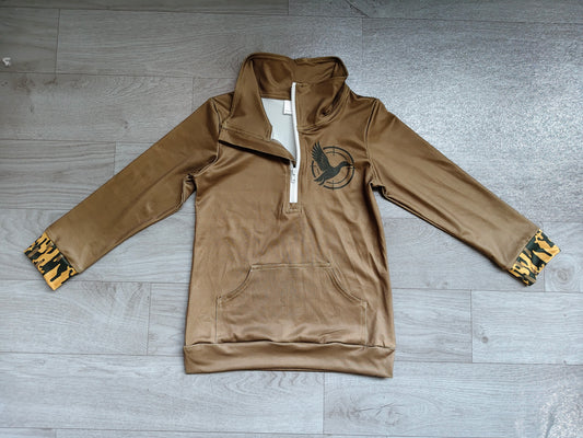 (Sample) No moq milk silk GT1698 Baby Girls Hunting Olive Green Duck Print Long Sleeve Zip Pocket Pullover