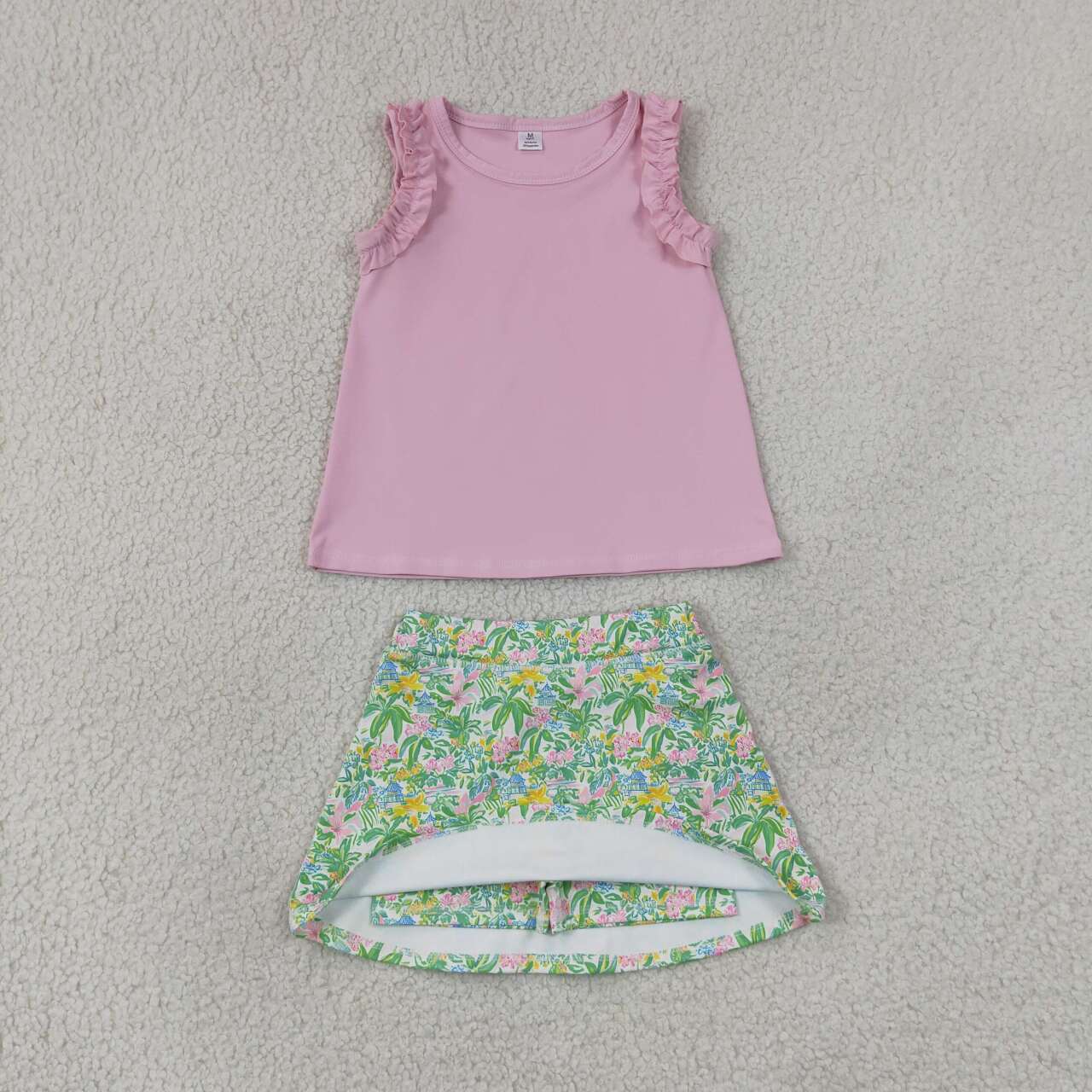 NEW RTS NO MOQ yoga fabric GSD4217（GT1701+GLK0311）Baby Girls Light Pink Sea World Print Tunic Top Scallop Skort Yoga Active Clothes Set