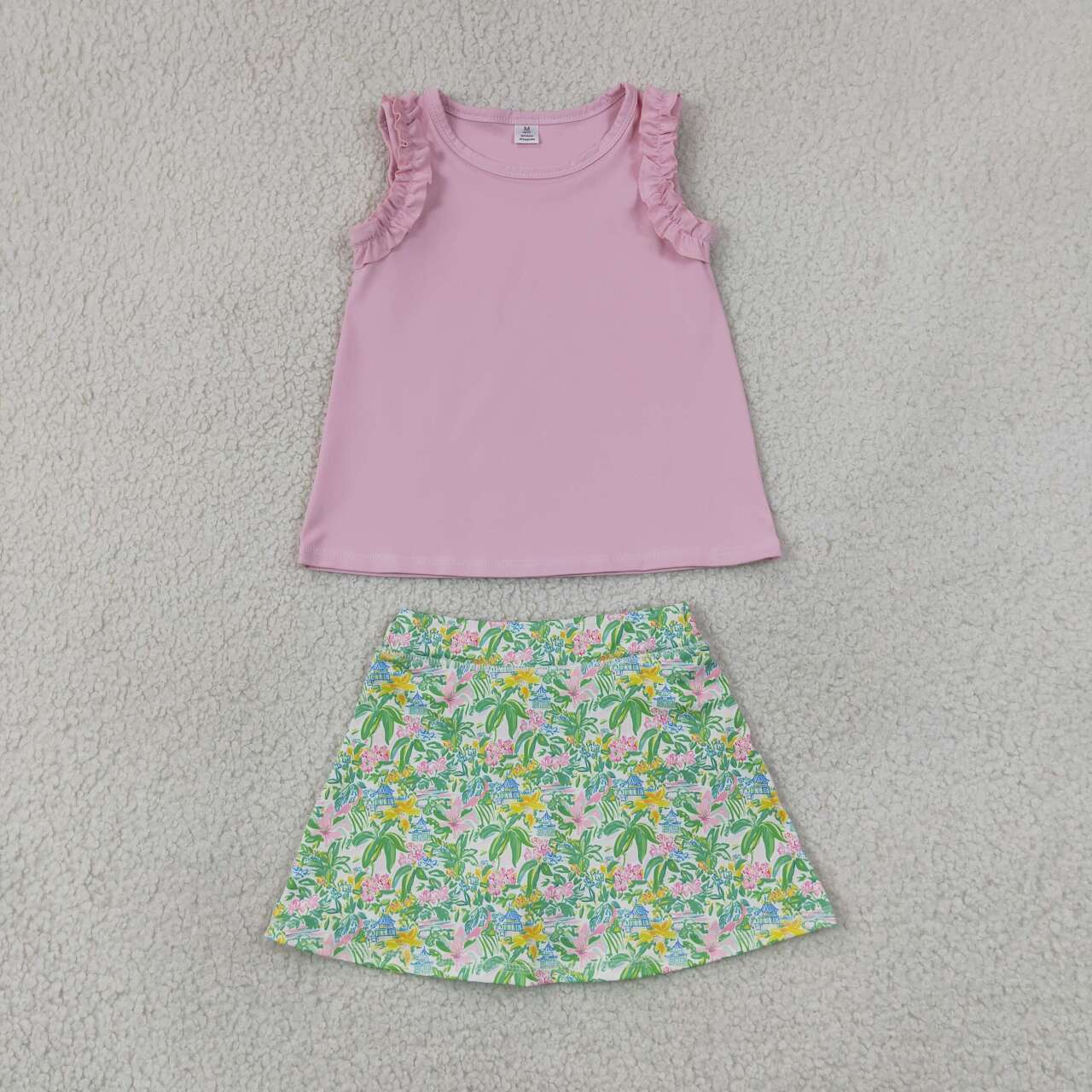 NEW RTS NO MOQ yoga fabric GSD4217（GT1701+GLK0311）Baby Girls Light Pink Sea World Print Tunic Top Scallop Skort Yoga Active Clothes Set