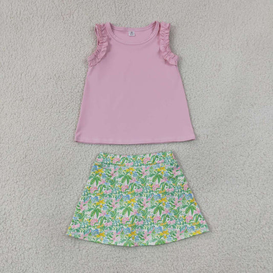 NEW RTS NO MOQ yoga fabric GSD4217（GT1701+GLK0311）Baby Girls Light Pink Sea World Print Tunic Top Scallop Skort Yoga Active Clothes Set