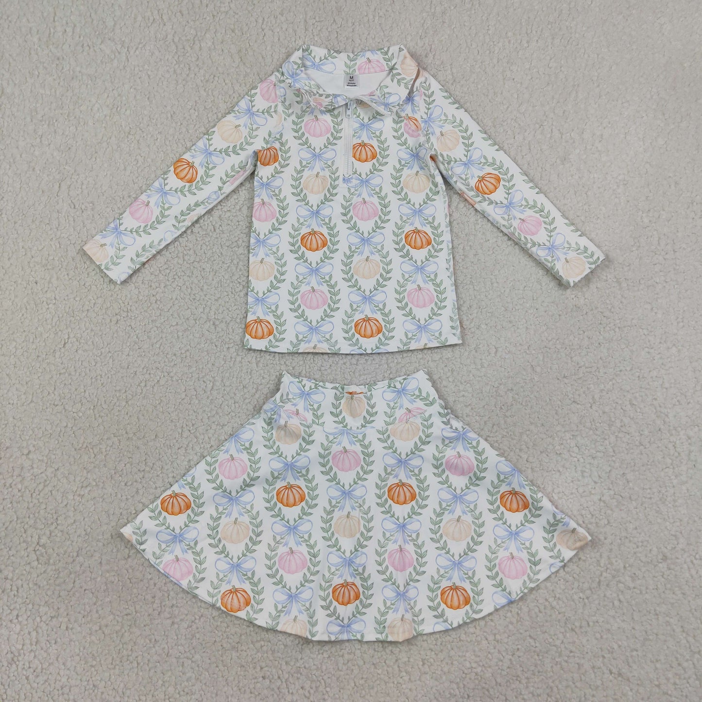 RTS NO MOQ Sibling milk silk Baby Girls Baby Girls Pumpkins Bows Checked Yoga Active Half Zip Fall Set