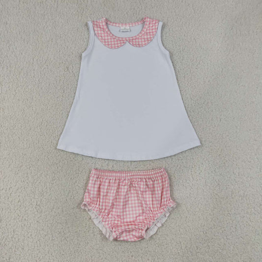 NEW RTS NO MOQ milk silk GBO0538（GT1706+SS0939） Baby Girls Cute Light Pink Check Ruffle Tunic Bummies Casual Set