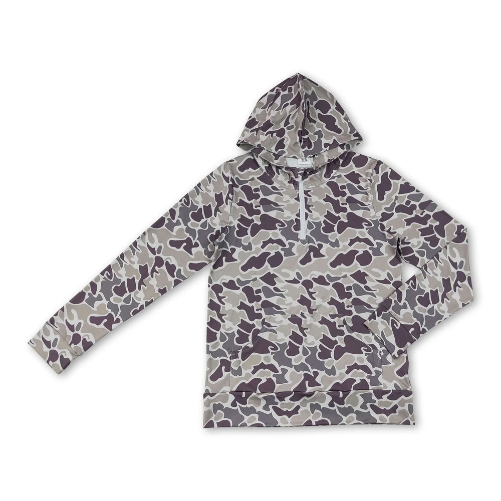 RTS NO MOQ Sibling milk silk Adult To Match Kids Grey Camo Camo Long Sleeve Zip Pocket Hoodies Tops