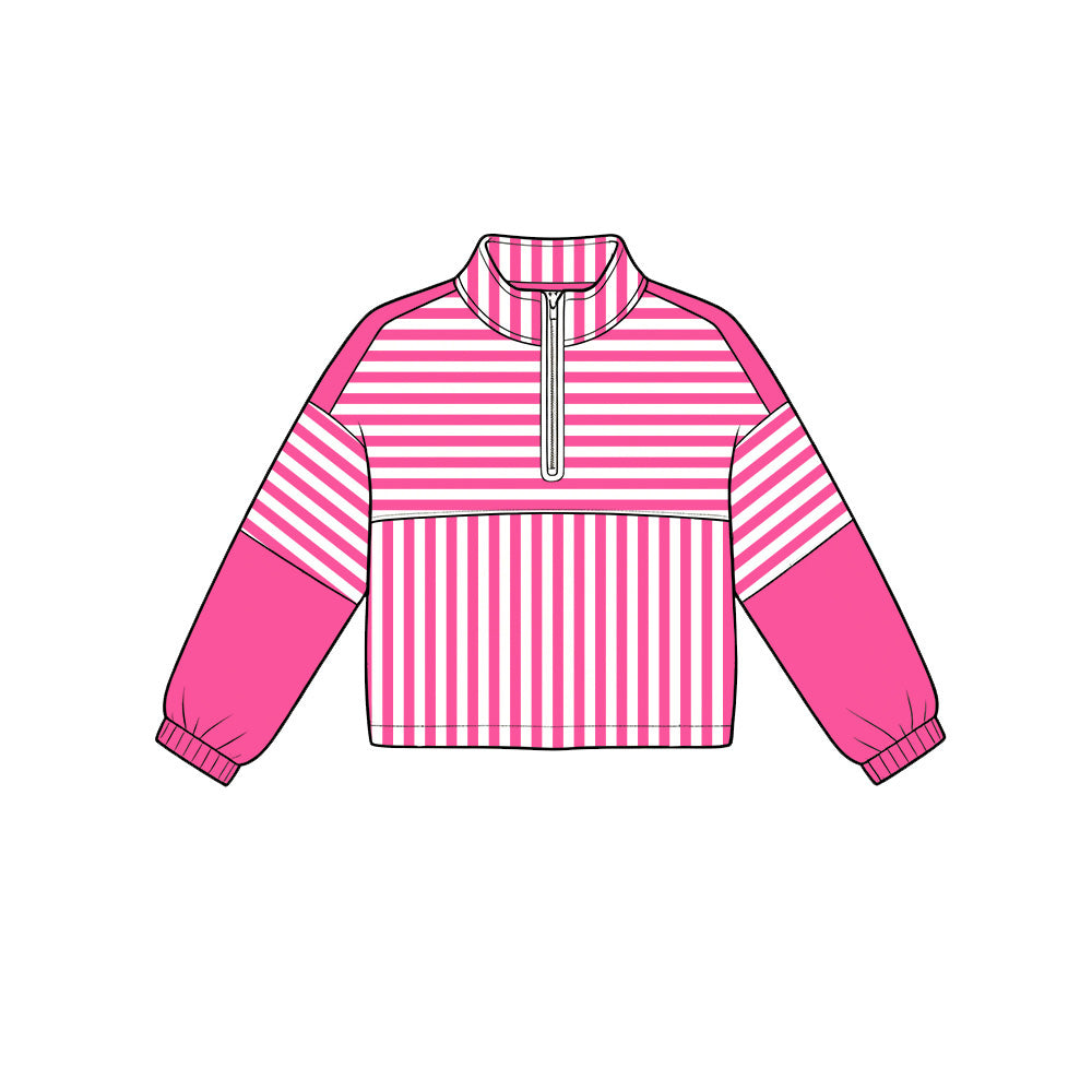 (Pre Order) No moq Baby Girls Stripe Half Zip Pullover Top Elastic Waist Shorts Two Piece Yoga Active Clothes Sets