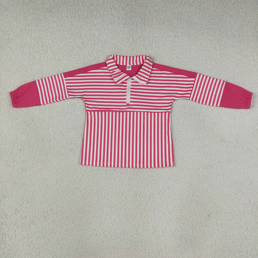 NEW RTS NO MOQ yoga fabric GT1715 Yoga Baby Girls Long Sleeve Pink Stripe Yoga Active Zip Pullovers Top