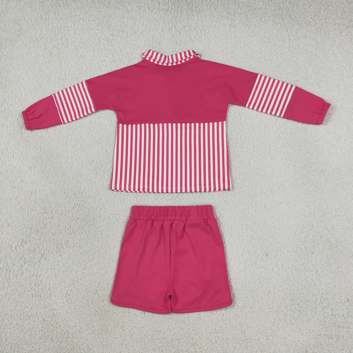 NEW RTS NO MOQ yoga fabric GLS0106 (GT1715+SS0949) Yoga Baby Girls Pink Stripe Print Zip Pullover Shorts Two Piece Yoga Set