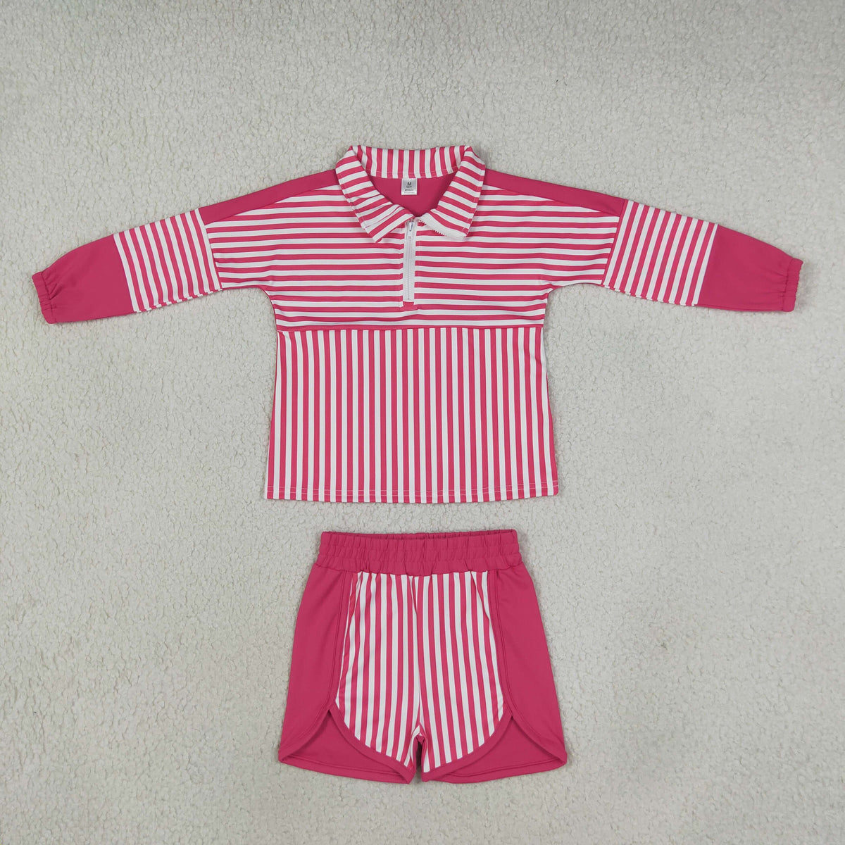 NEW RTS NO MOQ yoga fabric GLS0106 (GT1715+SS0949) Yoga Baby Girls Pink Stripe Print Zip Pullover Shorts Two Piece Yoga Set