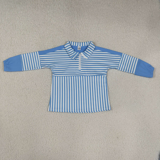 NEW RTS NO MOQ yoga fabric GT1716 Baby Girls Blue Stripe Yoga Half Zip Pullover Long Sleeve Tops