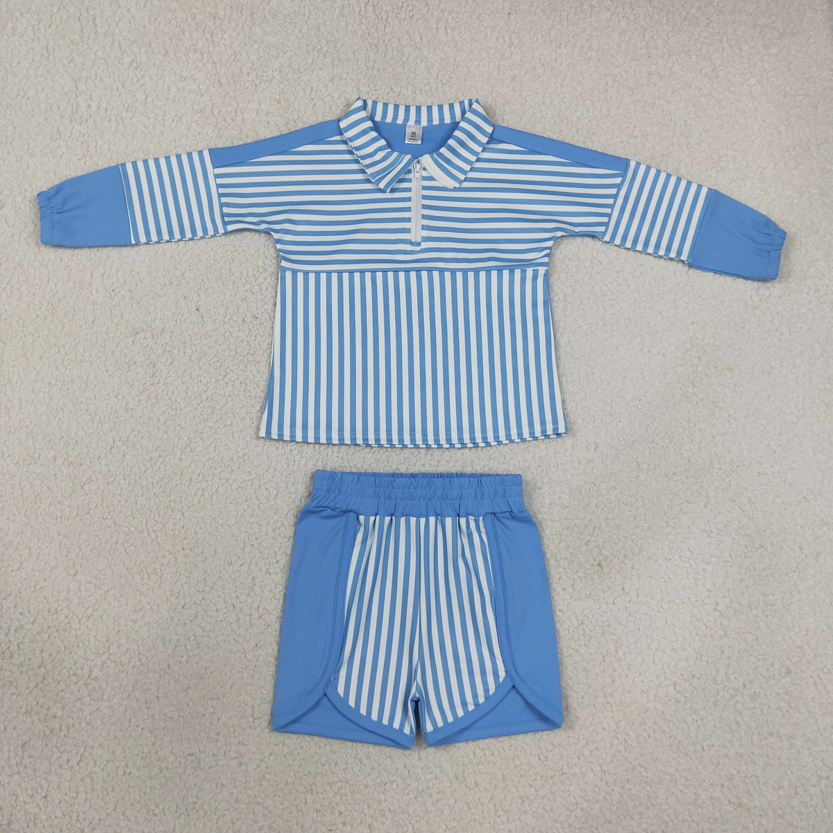 NEW RTS NO MOQ yoga fabric GLS0107(GT1716+SS0950) Baby Girls Hot Blue Stripe Zip Pullovers Shorts Yoga Sets