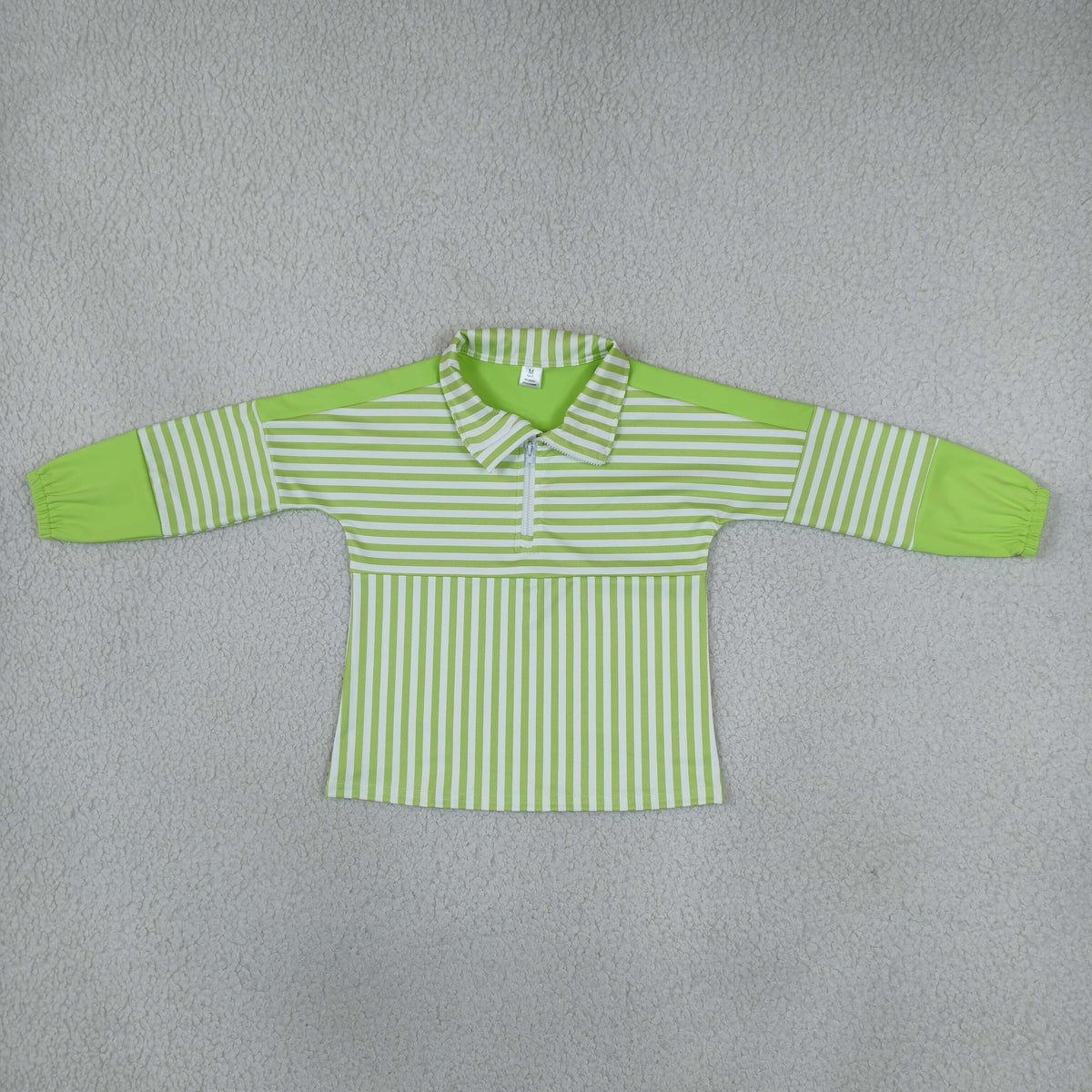 NEW RTS NO MOQ yoga fabric GT1718 Baby Girls Green Stripe Yoga Half Zip Pullover Long Sleeve Tops