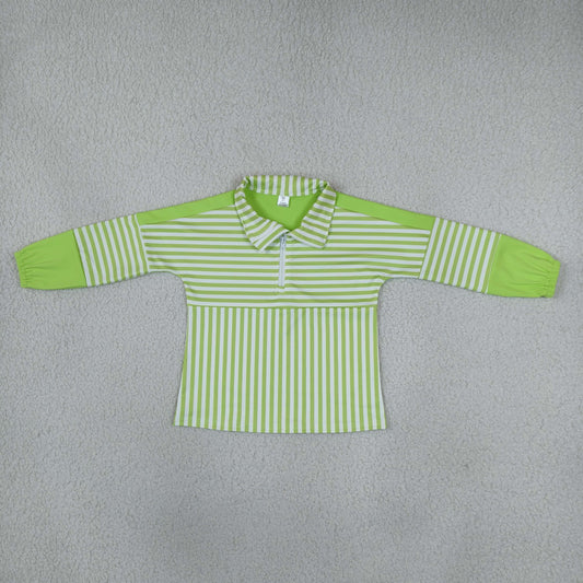 NEW RTS NO MOQ yoga fabric GT1718 Baby Girls Green Stripe Yoga Half Zip Pullover Long Sleeve Tops