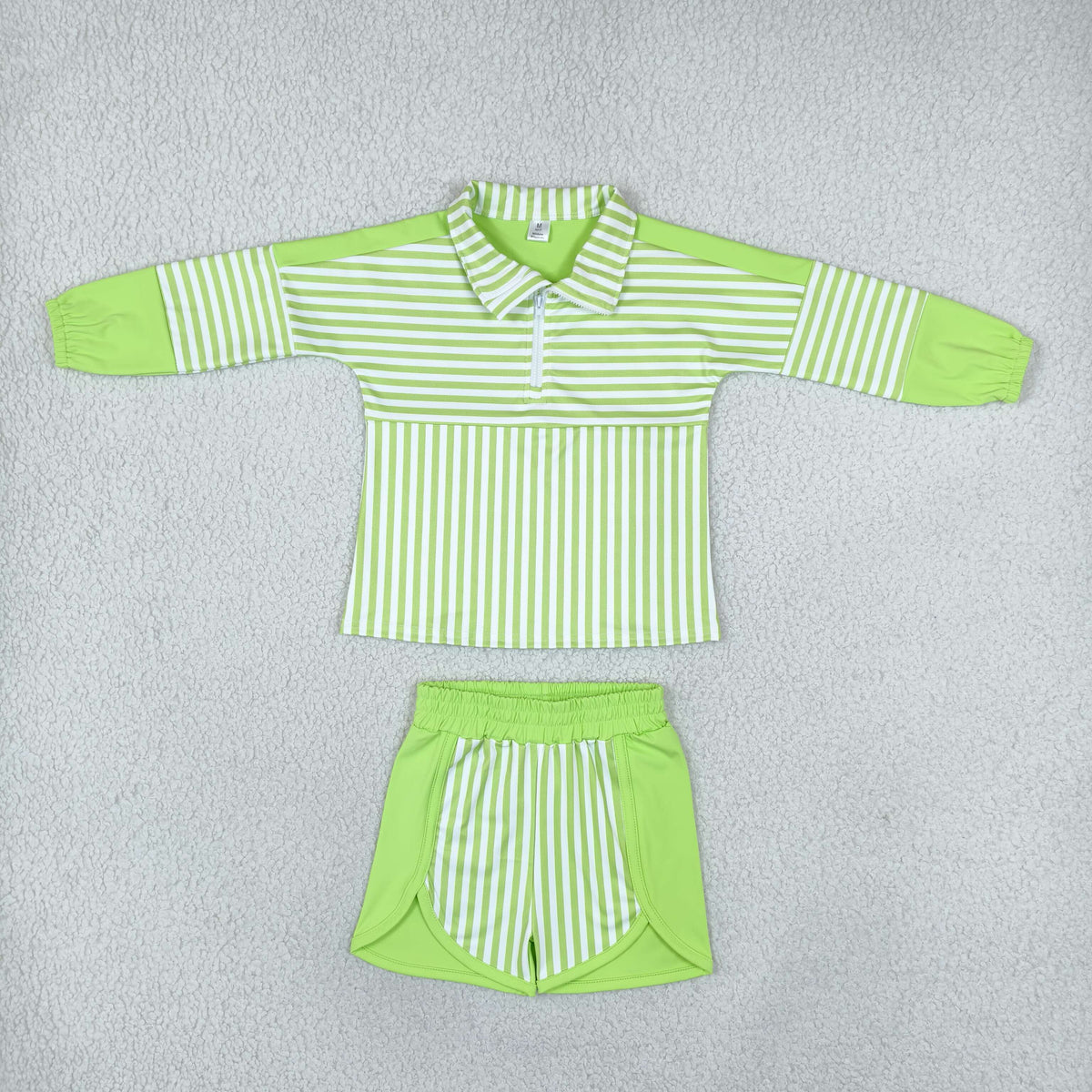 NEW RTS NO MOQ yoga fabric GLS0109 (GT1718+SS0952) Yoga Baby Girls Green Stripe Print Zip Pullover Matching Shorts Two Piece Yoga Active Set