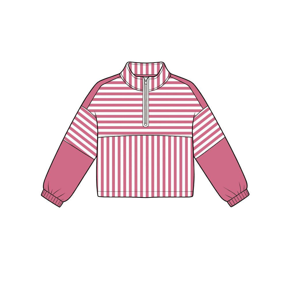 (Pre Order) No moq Baby Girls Stripe Half Zip Pullover Top Elastic Waist Shorts Two Piece Yoga Active Clothes Sets