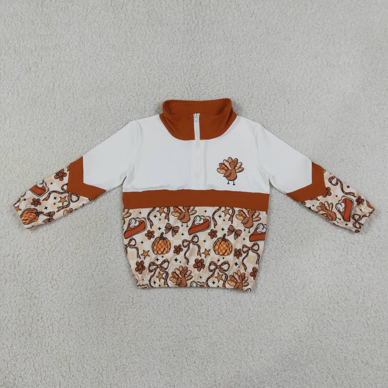 NEW RTS NO MOQ milk silk GT1723 Baby Girls Turkey Bow Pumpkin Print Zip Pullover Thanksgiving Casual Top