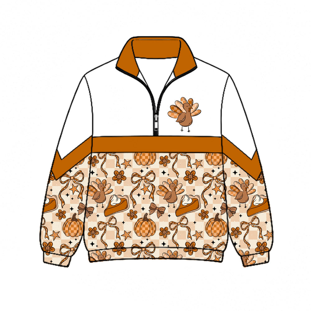(Preorder new) No moq Baby Girls Thanksgiving Turkey Pumpkin Top Flare Pants Sets Rompers Zip Pullovers Top