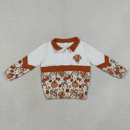 NEW RTS NO MOQ milk silk GT1723 Baby Girls Turkey Bow Pumpkin Print Zip Pullover Thanksgiving Casual Top