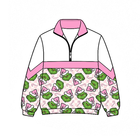 (Preorder new) No moq GT1724 Baby Girls Green Candy Cane Christmas Zip Pullover Tops