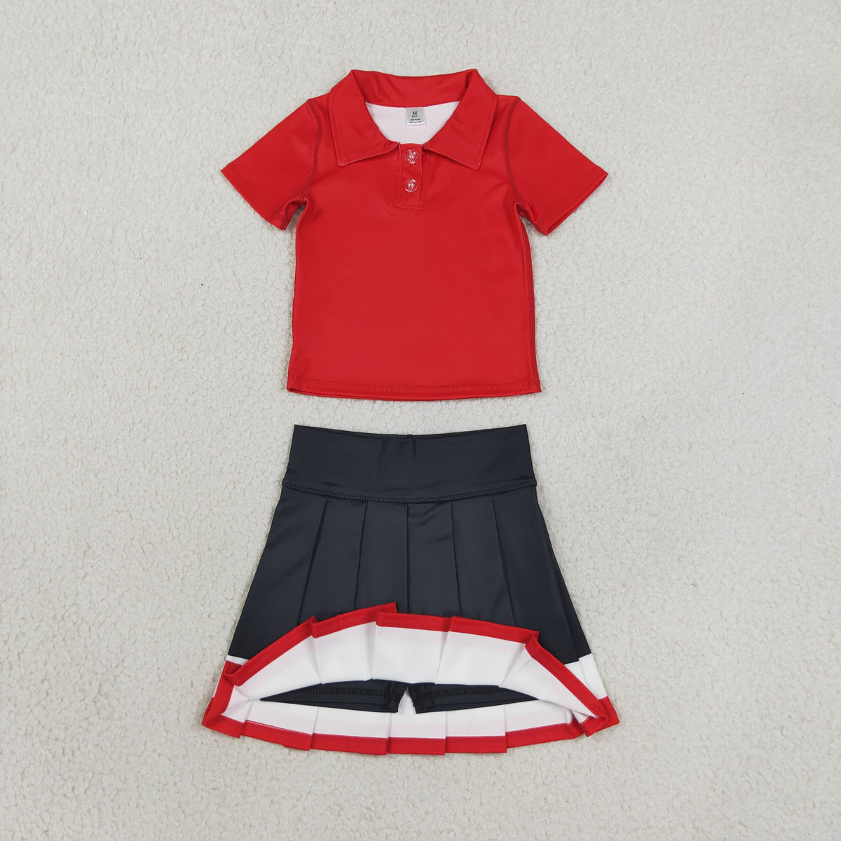 NEW RTS NO MOQ yoga fabric cotton GSD4262 Yoga Baby Girls Solid Red Lapel Button Polo Elastic Waist Pleated Skort Outfit