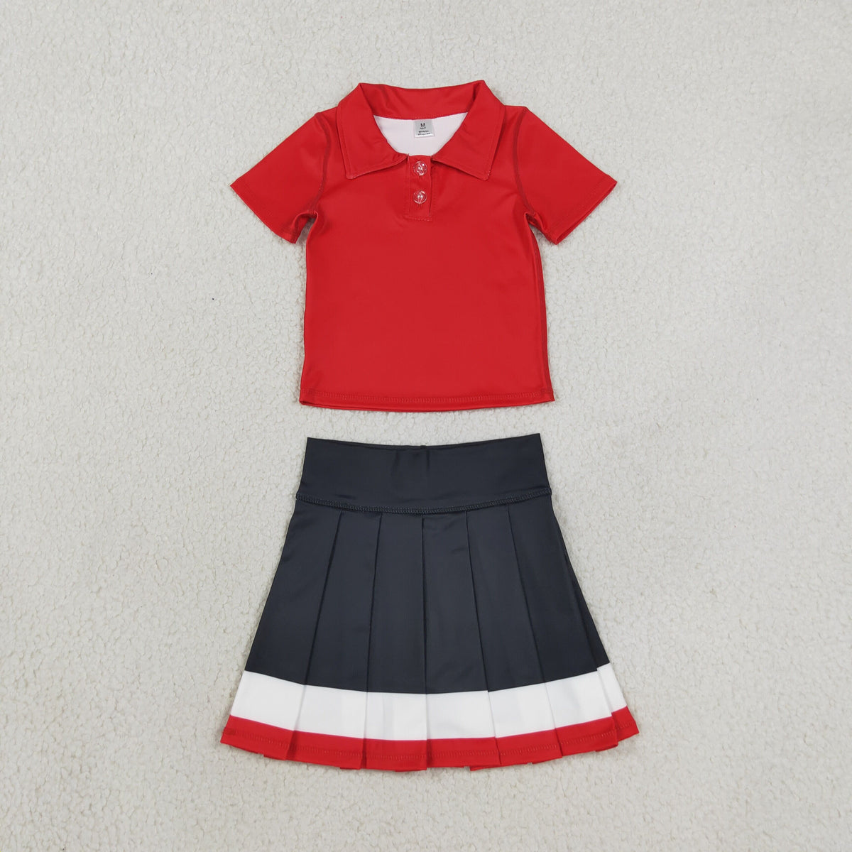 NEW RTS NO MOQ yoga fabric cotton GSD4262 Yoga Baby Girls Solid Red Lapel Button Polo Elastic Waist Pleated Skort Outfit